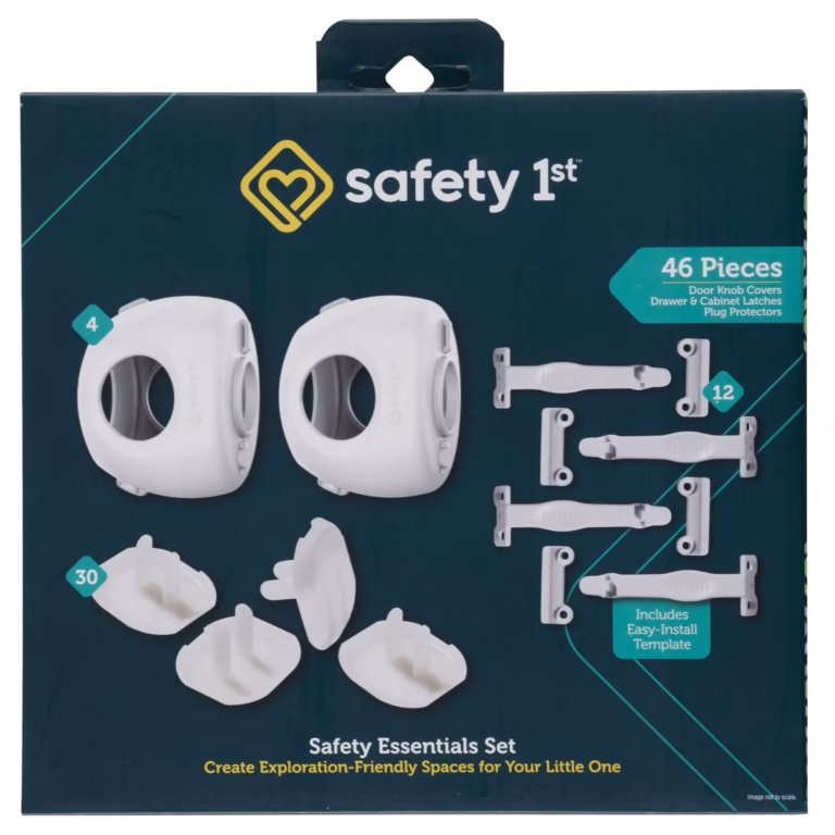 Safety 1st Safety Essentials Kit 46-piece white toddler baby proofing set with outlet covers, cabinet locks, and corner protectors