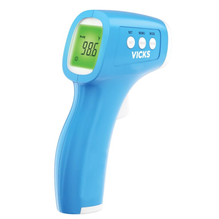 Vicks non-contact infrared forehead thermometer with LED fever color display