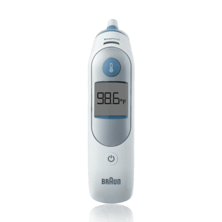 Braun ThermoScan 5 ear thermometer with pre-warmed tip and digital display for accurate fever readings.
